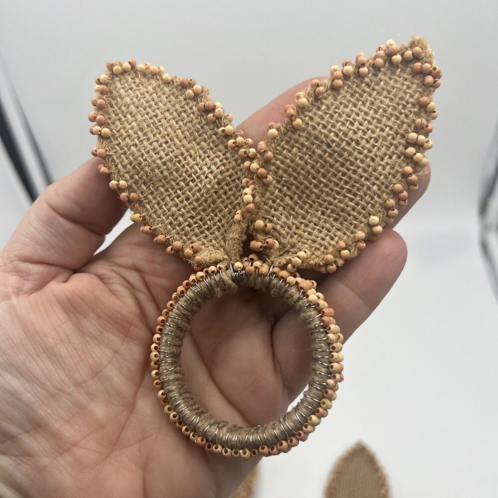 4 Nicole Miller Napkin Ring Easter Bunny Ears Beaded Burlap Tan Set Shabby Chic - Picture 5 of 9